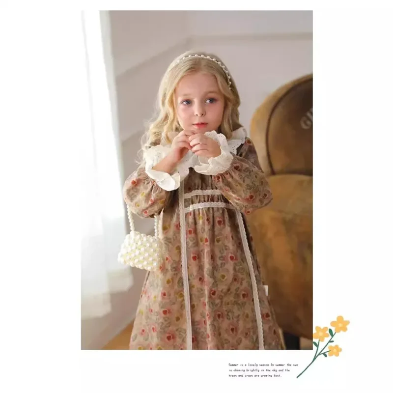 2025 Spring & Autumn Vintage French Lace Ruffled Collar Floral Dress for Girls - Long Sleeve Princess Dress - Image 6