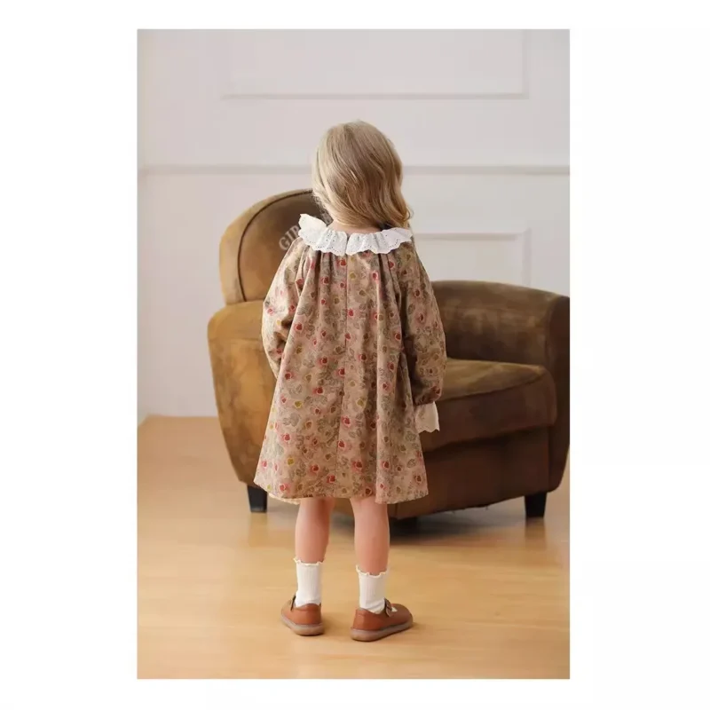 2025 Spring & Autumn Vintage French Lace Ruffled Collar Floral Dress for Girls - Long Sleeve Princess Dress - Image 4