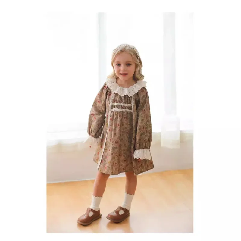2025 Spring & Autumn Vintage French Lace Ruffled Collar Floral Dress for Girls - Long Sleeve Princess Dress - Image 3