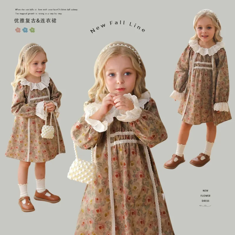 2025 Spring & Autumn Vintage French Lace Ruffled Collar Floral Dress for Girls - Long Sleeve Princess Dress - Image 2